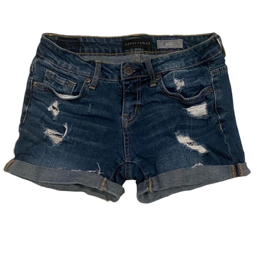 Aeropostale Denim shorts‎ Rolled Hem Distressed Size 0 Midi dark blue